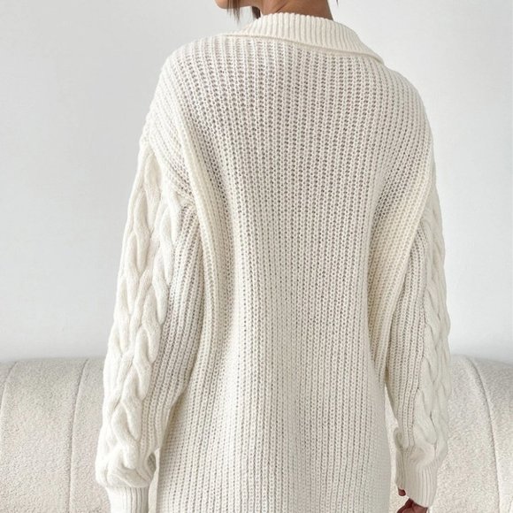 Beige Preppy Womens Cable Knit Drop Shoulder Sweater Dress - Picture 2 of 4